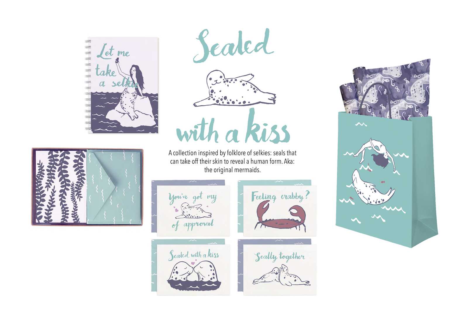 Sealed With a Kiss collection of greetings cards and gift wrapping inspired by selkie folklore.