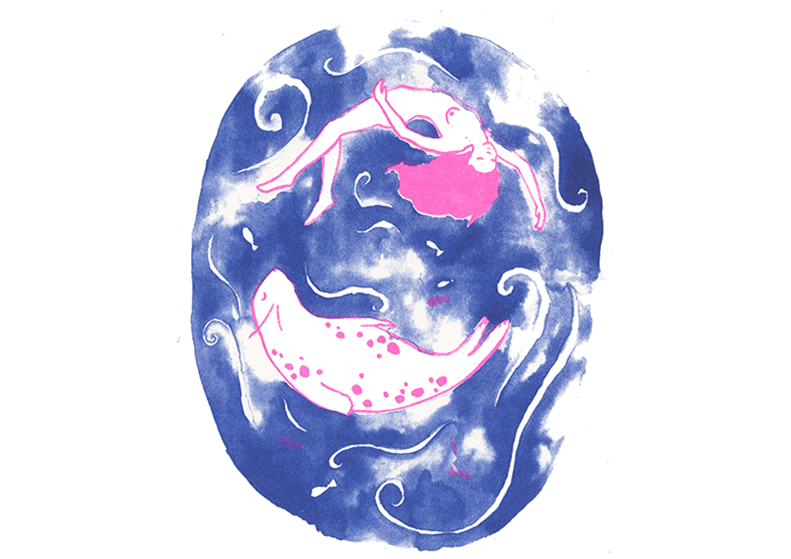 A4 Selkie Risograph Print in pink and blue.